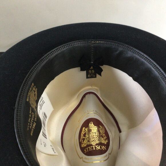 Stetson Temple Royal DeLuxe Fur Felt Hat Black Size 6 7/8 Feather Accent - Picture 6 of 7